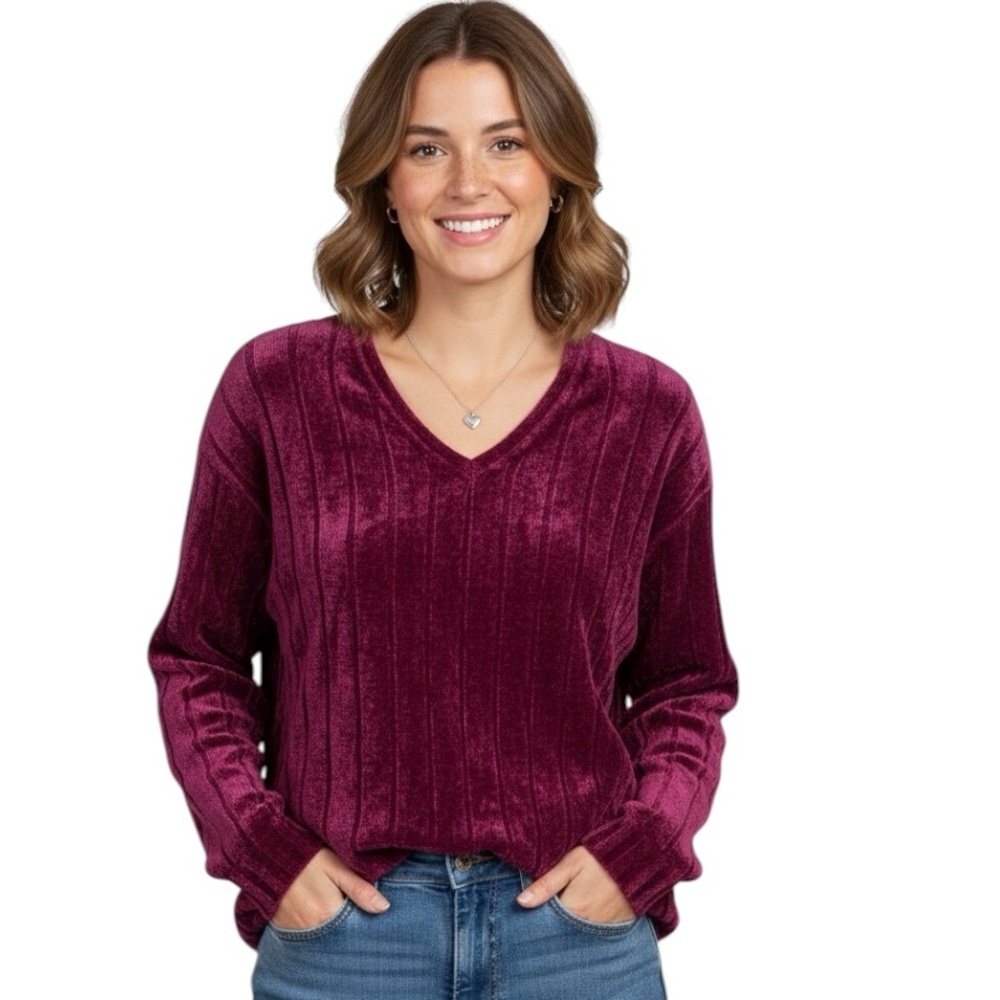 August Silk Vintage Chenille Knit Sweater Ribbed V Neck Soft Preppy Velvet Red M